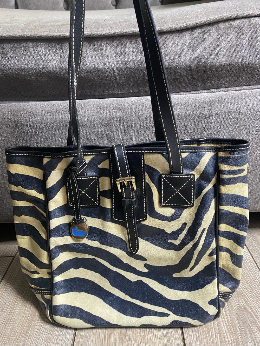 Vintage Dooney & Bourke Zebra Animal Print Shoulder Bag Tote Charm Duck Leather